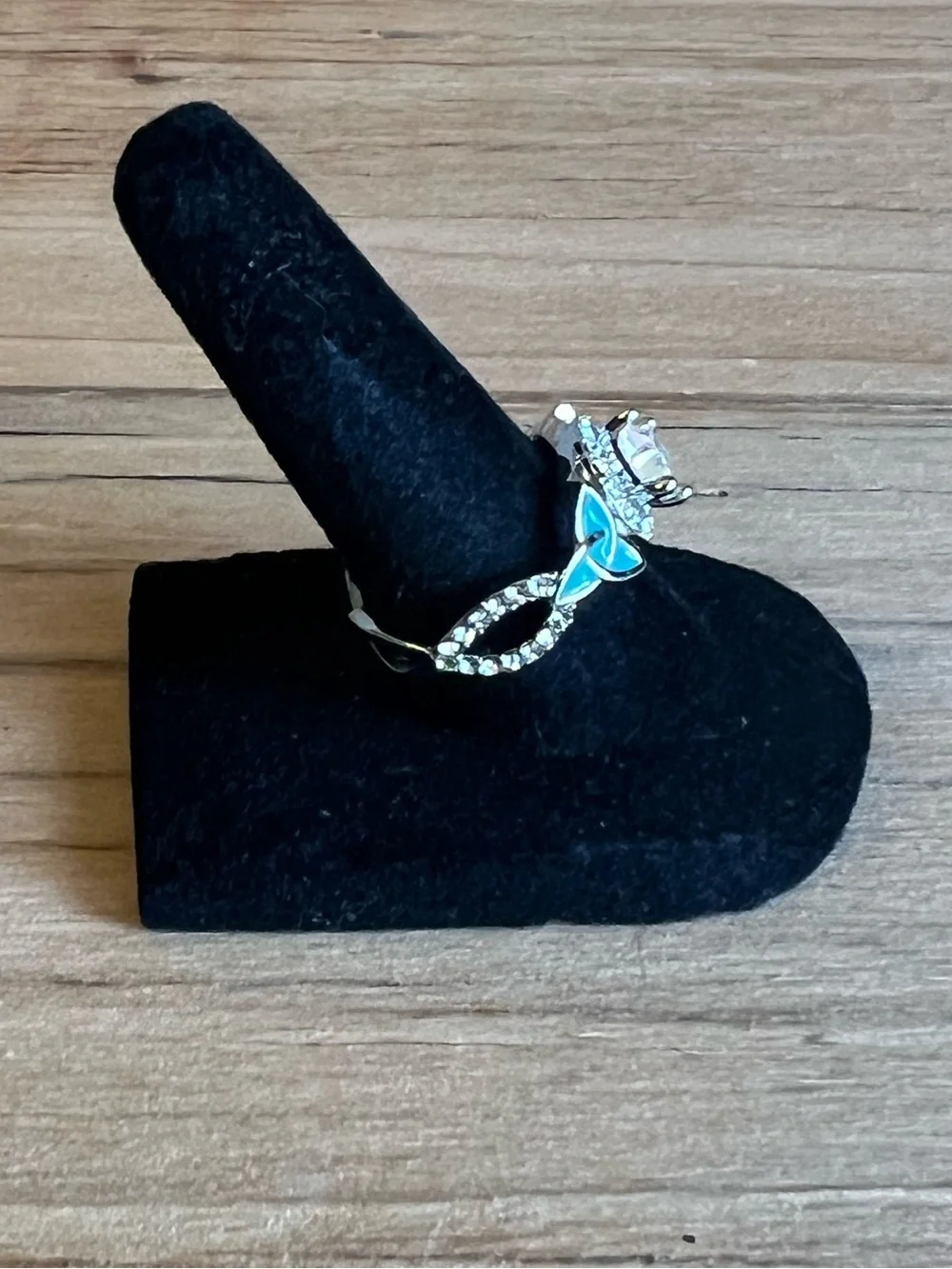Silver-tone Green Enamel Floral Halo Ring With Clear Center Stone Size 7
